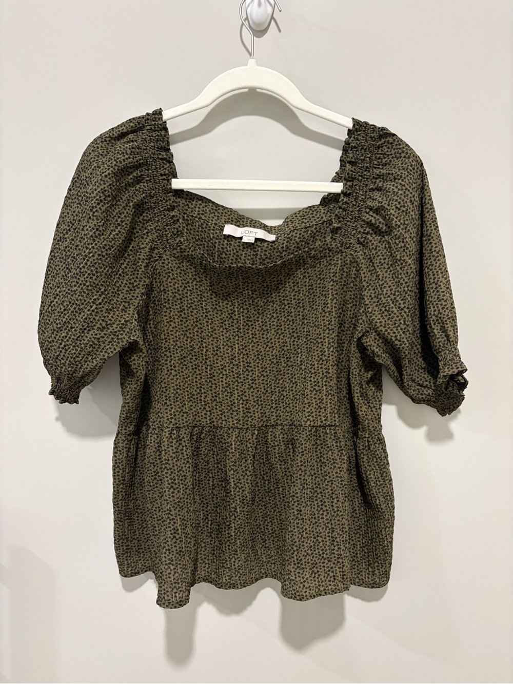 LOFT Olive Green Puff-Sleeve Peplum Blouse